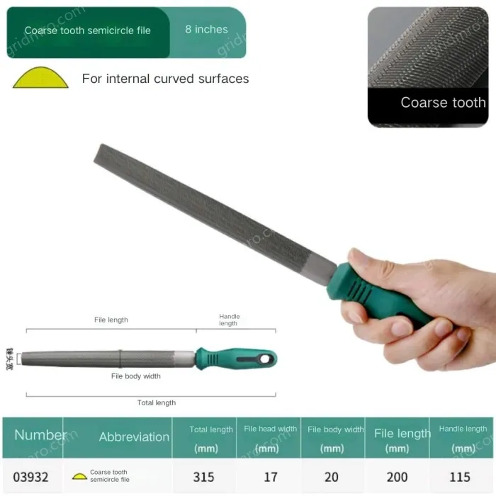 Coarse tooth semi-circular file 8 inches, total length 315mm