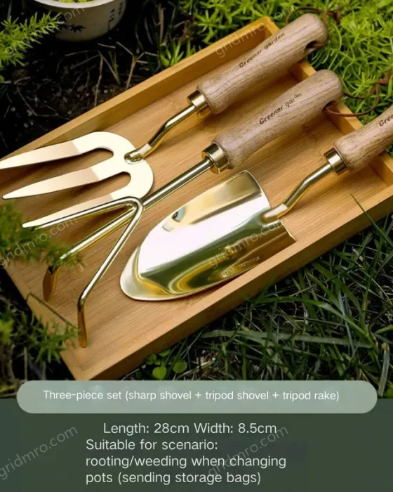 Cocoa tea gold pointed shovel + three-claw rake + three-pronged shovel